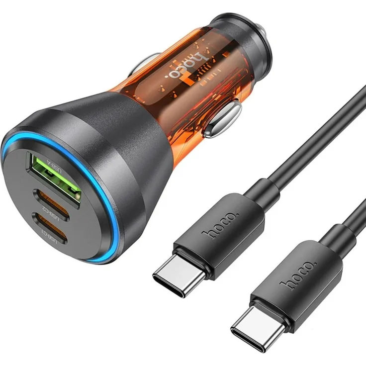 Hoco USB-Autoladegerät QC 18W + 2 x Typ C 30W + Kabel Typ C auf Typ C PD60W NZ12D Orange, Aluminiumlegierung, PD/QC/FCP/AFC, 1 m Kabel