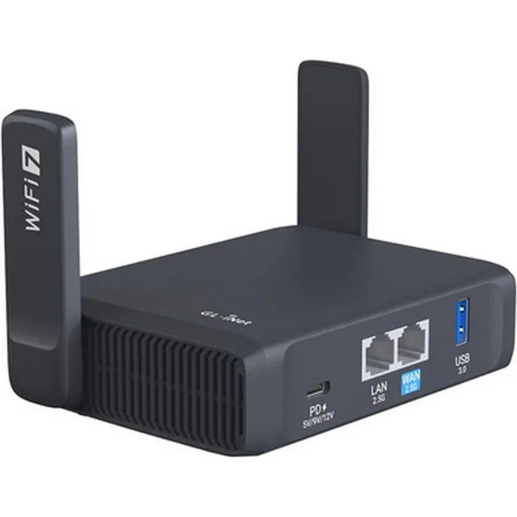 GL.iNet GL-BE3600 Slate 7 Reise-Router, WLAN 7, 1,1 GHz Quad-Core, 1 GB RAM, 512 MB Flash, Touchscreen, 2,5G Ethernet, VPN, 130x91x34mm