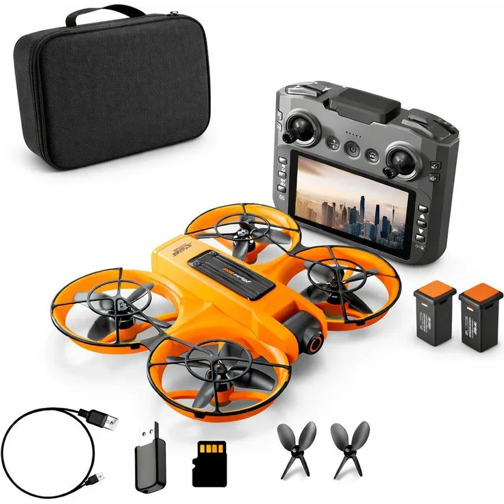 GOLDSTERN-TECH S156 RC-Quadrocopter, Kameradrohne mit HD-Display-Fernsteuerung, Dualkamera mit 90° Winkel & 50xzoom, grau/orange