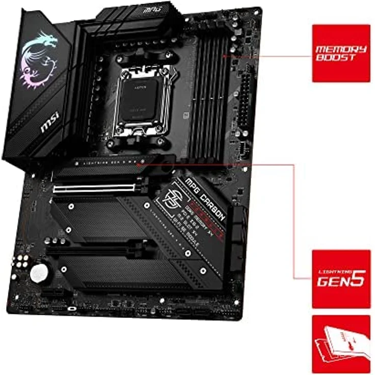 MSI MPG B650 Carbon WiFi Mainboard, ATX - Unterstützt AMD Ryzen 7000 Serie Prozessoren, AM5-16 Phasen 80A VRM, DDR5 Memory Boost 6600+MHz/OC, 2 x PCIe 4.0 x16, 1x M.2 Gen5, 3X M.2 Gen4, Wi-Fi 6E – Bild 3