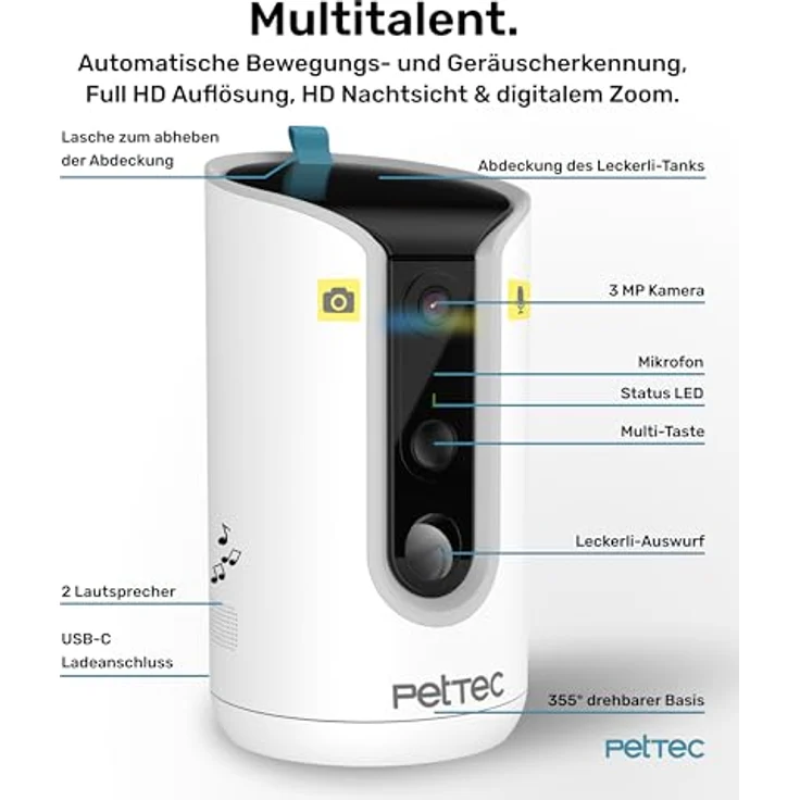 PetTec® Haustierkamera 360° und automatischer Futterspender mit Leckerliauswurf - via App & Multitaste - Bell-Erkennung - 3MP Nachtsichtfunktion - Hundekamera & Katzenkamera – Bild 5