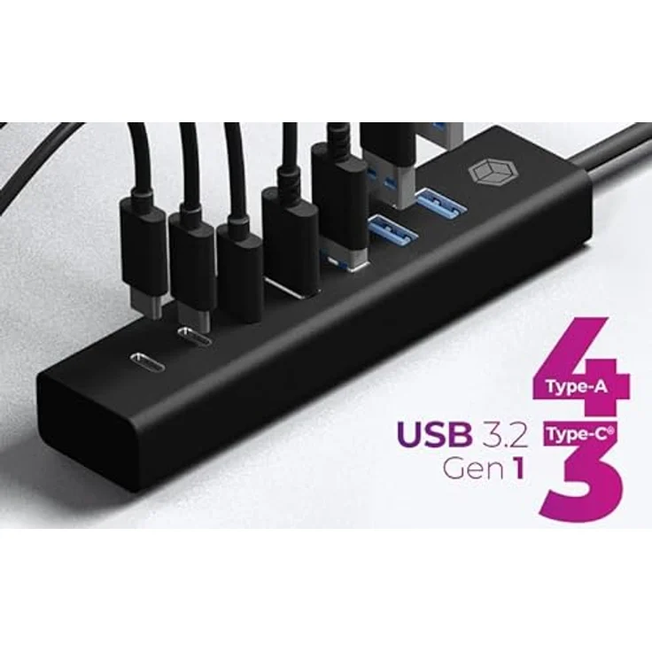 ICY BOX IB-HUB1737-C3, 7-Port USB-Hub mit 4x USB 3.2 Gen 1 Type-A und 3x USB-C, Aluminiumgehäuse in Schwarz, bis zu 5 Gbps Datenübertragung – Bild 2