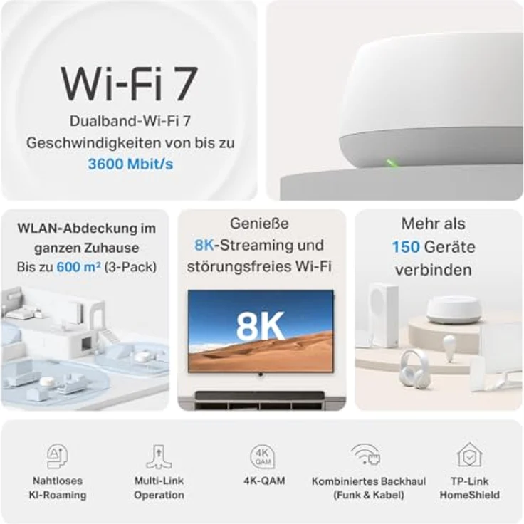TP-Link Deco BE3600, Wi-Fi 7 Mesh-WLAN 3er Pack, 3,6 Gbps Dual-Band Router mit 2 × Gigabit-Ports, MLO, WPA3, VPN, Kindersicherung, empfohlen für 4-5 Schlafzimmer – Bild 3
