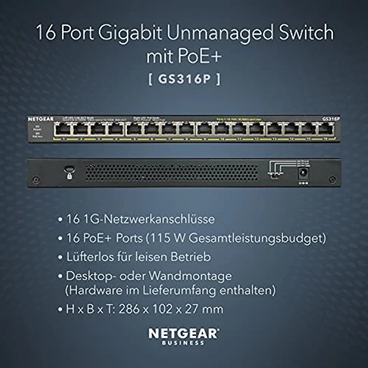 NETGEAR GS316P 16-Port Gigabit Ethernet LAN PoE Switch (mit 16x PoE+ 115W erweiterbar, Plug-and-Play, Desktop- oder Rack-Montage, robustes und lüfterloses Metallgehäuse) – Bild 2