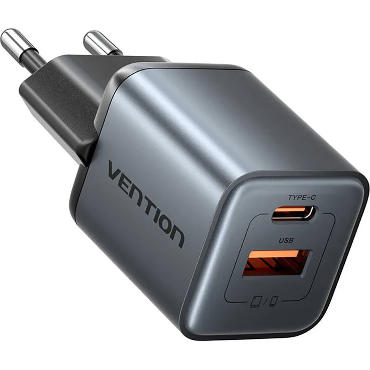 Vention 30W GaN-Ladegerät, 1x USB-A, 1x USB-C, Schwarz, kompakte Schnellladung mit PD 3.0 und QC 3.0 Unterstützung