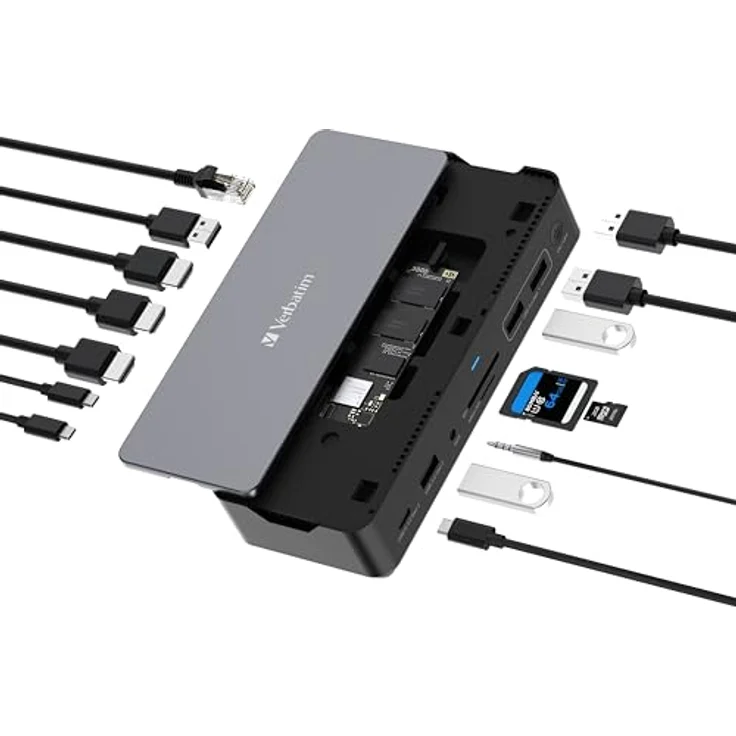 Verbatim USB-C Pro Docking Station mit SSD-Slot, 15-in-1 Hub zu HDMI 4K/8K, PD 80 W, für Mac/Windows, grau – Bild 2