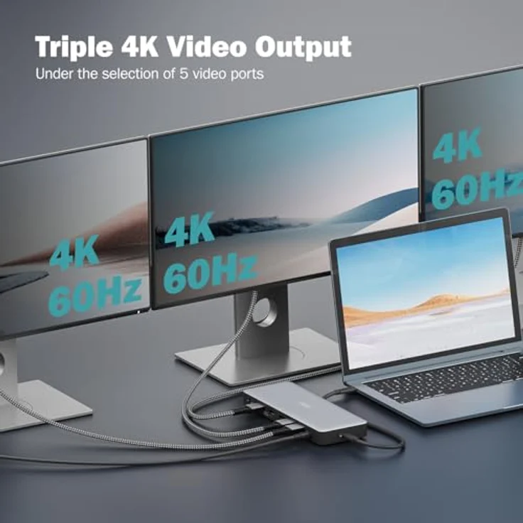 DIGITUS USB-C Docking Station - 13-Ports - 3X HDMI, 2X Displayport UltraHD 4k/60Hz - 1x USB-A 3.2 Gen2, 1x USB-C 3.2 Gen2, 3X USB-A 3.2 Gen1-1x 2,5G RJ45-1x 3,5mm Audio - Grau – Bild 5