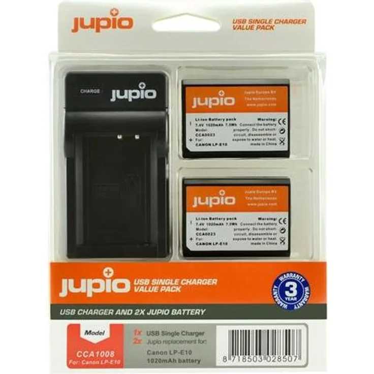 Jupio Set 2x LP-E10 1020 mAh + USB-Ladegerät für Canon Digitalkameras, Schwarz
