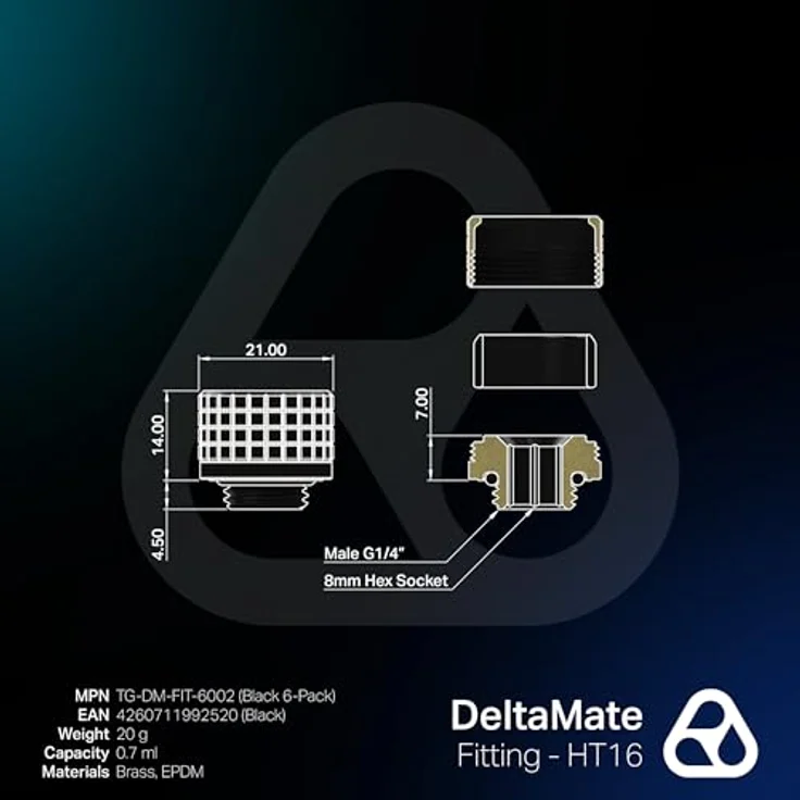 Thermal Grizzly DeltaMate Fitting HT16, 16 mm Black, 6-Pack, Hochwertige Messingkonstruktion mit mattschwarzem Chrom-Finish – Bild 5