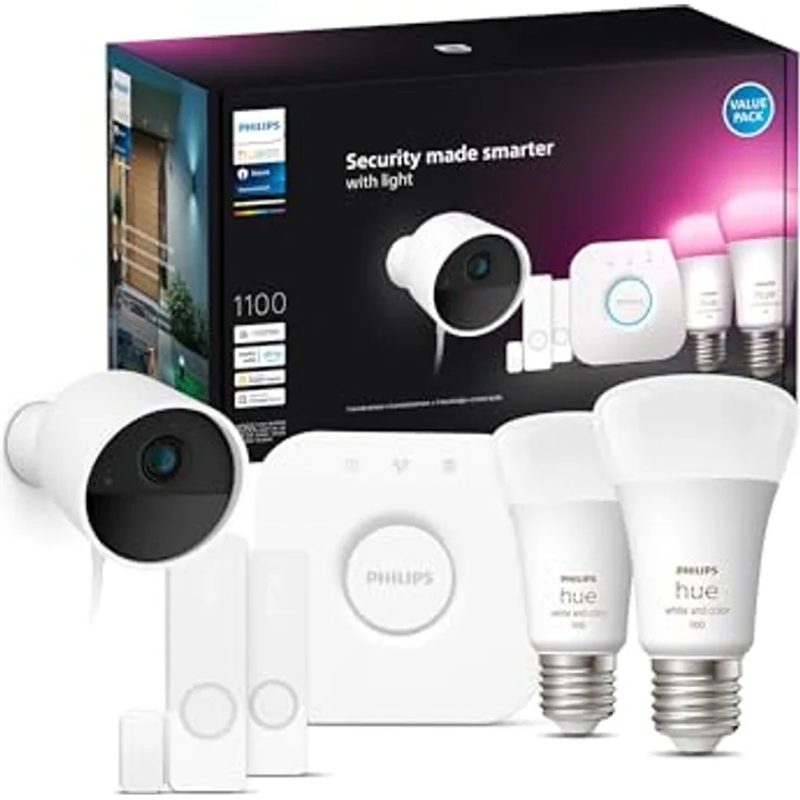 Philips Hue Secure Starter Kit, Hue Secure kabelgebundene Kamera, Hue Kontaktsensoren, Hue E27 White & Color Amb. Lampen, Hue Bridge, einfach zu installieren, Zwei-Wege-Gespräch, per Hue App steuerbar