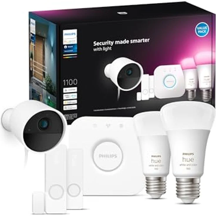 Philips Hue Secure Starter Kit, Hue Secure kabelgebundene Kamera, Hue Kontaktsensoren, Hue E27 White & Color Amb. Lampen, Hue Bridge, einfach zu installieren, Zwei-Wege-Gespräch, per Hue App steuerbar – Bild 1