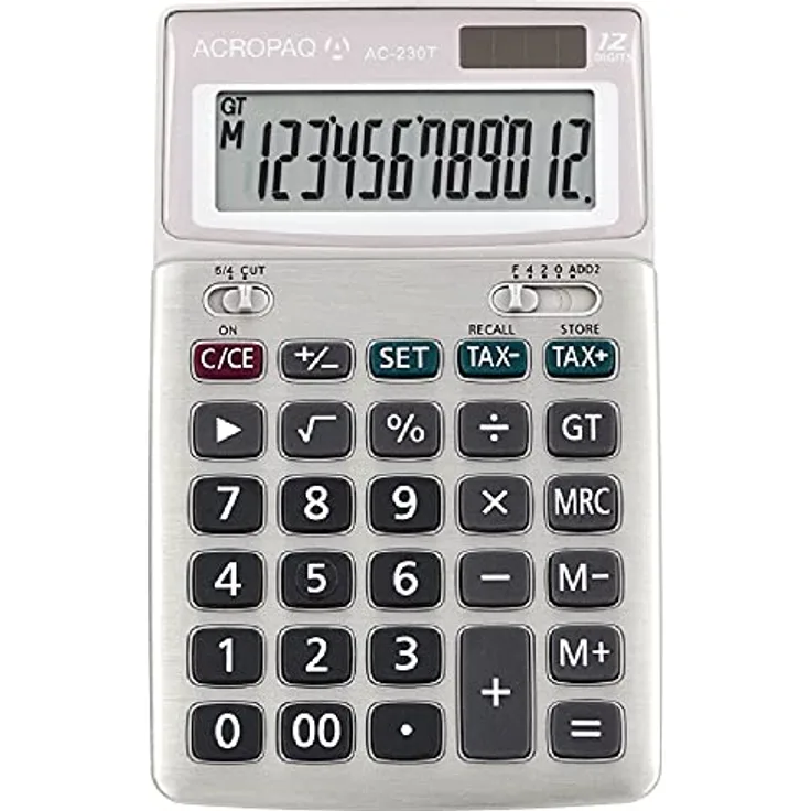 ACROPAQ - Taschenrechner mit extra großen Tasten - 12 stelliges LC-Display, Dual Power (Batterie+Solar), Mit Speicher, Auf- und Abrundung, Schnellkorrektion,Vorzeichenänderung und vieles mehr - Weiß