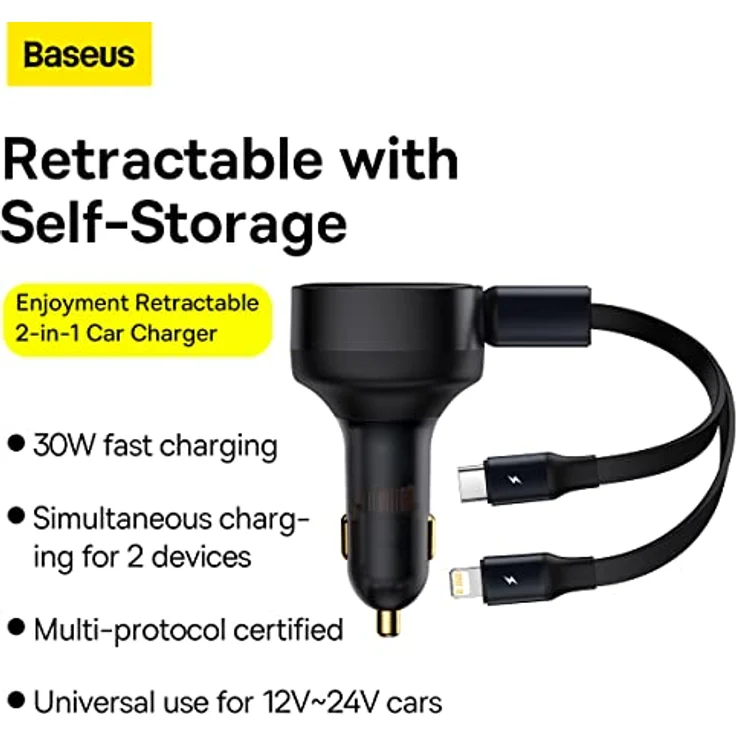 Baseus Enjoyment Kfz-Ladegerät mit Kabel USB-C + Lightning 3A, 30W (schwarz) – Bild 2