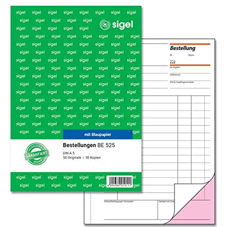 Sigel Formularblock Formularbuch Bestellung A5 mit 2x50 Blatt, farbige Durchschläge und Ultra-Feiner Microperforation