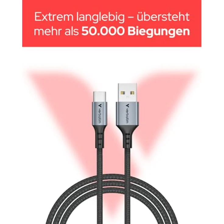 Verbatim 31843 USB 2.0 Kabel, 1,2 m, USB A auf USB C, Schnellladung bis zu 18 W, schwarz – Bild 4
