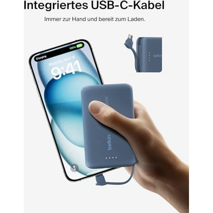 Belkin BoostCharge Power Bank, Portable Powerbank 10000mAh mit integriertem Kabel, PD 20 W – USB-C Power Delivery, in schwarz – Bild 5