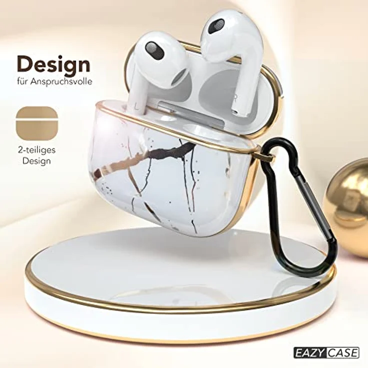 EAZY CASE AirPods 3 Hülle - Weiß Stoßfestes Hard Case mit Karabiner, Marmoroptik, Antikratz, rutschfest - für Airpod 3. Generation – Bild 2