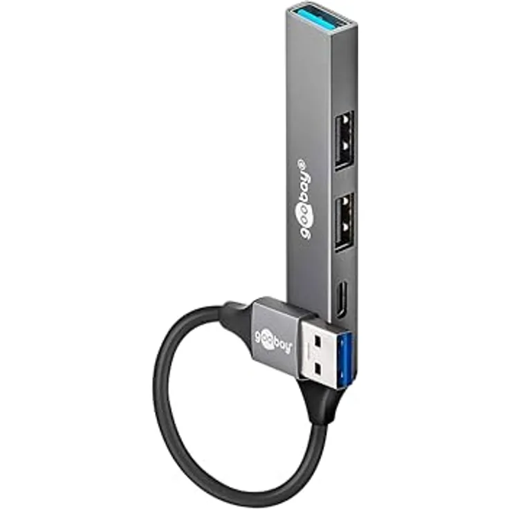 goobay 4-Port USB 3.2 Hub Slim, USB Mehrfachstecker, 5 Gbits, USB Splitter, USB-A zu 3X USB-A und 1x USB-C Multiport Adapter, Aluminiumgehäuse, Schwarz