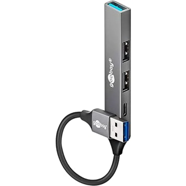 goobay 4-Port USB 3.2 Hub Slim, USB Mehrfachstecker, 5 Gbits, USB Splitter, USB-A zu 3X USB-A und 1x USB-C Multiport Adapter, Aluminiumgehäuse, Schwarz – Bild 1