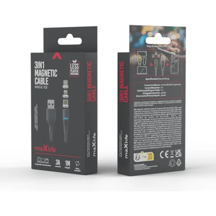 Maxlife MXUC-03 magnetisches Kabel, 3in1 USB mit Lightning, USB-C und microUSB, 1,0 m, 3A, schwarz, Nylon – Bild 7