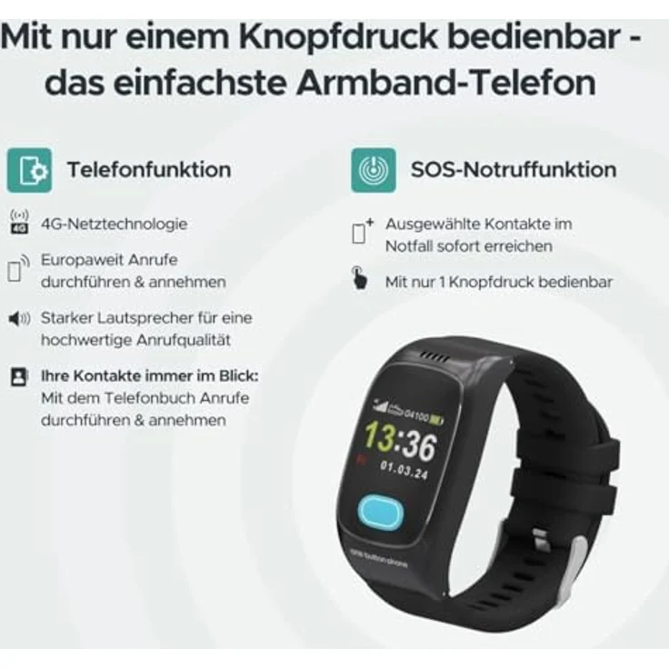 one button phone Senioren Smartwatch Notrufuhr mit SOS-Taste, automatischer Sturzerkennung und GPS-Ortung, Modell 2024 – Bild 5