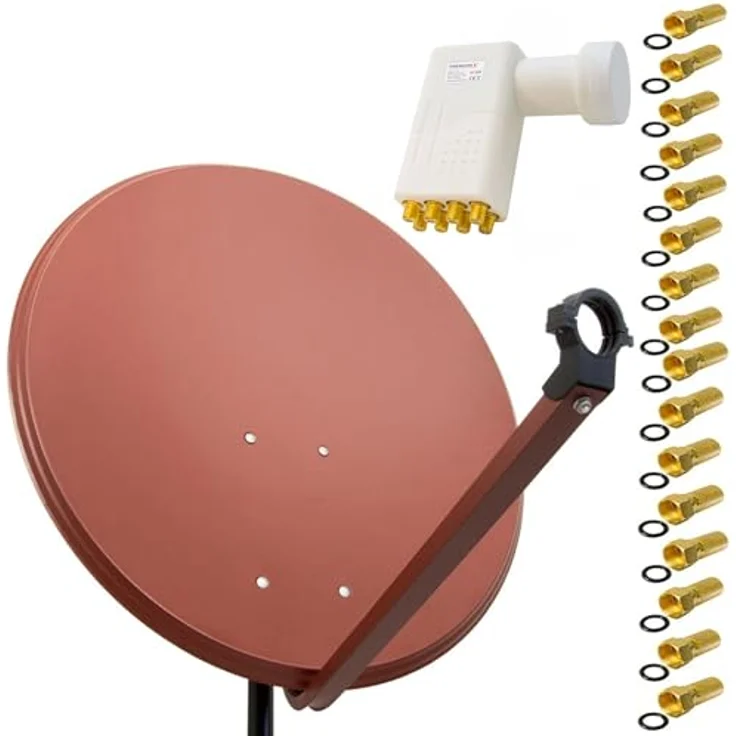 PremiumX SAT Anlage PXS100, 100cm Stahl Antenne in Ziegelrot mit Octo LNB und 16x F-Stecker – Bild 1