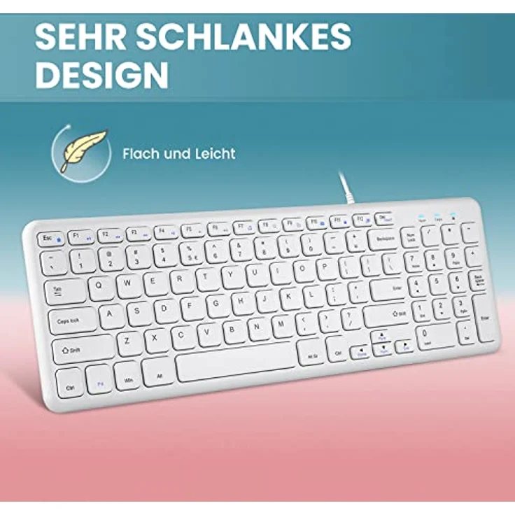 Perixx PERIBOARD-213W DE Kabelgebundene Kompakte USB Tastatur mit leisen Scherenstrukturtasten für Computer, Ziffernblock, Laptop und Tablet, Weiß, QWERTZ – Bild 2