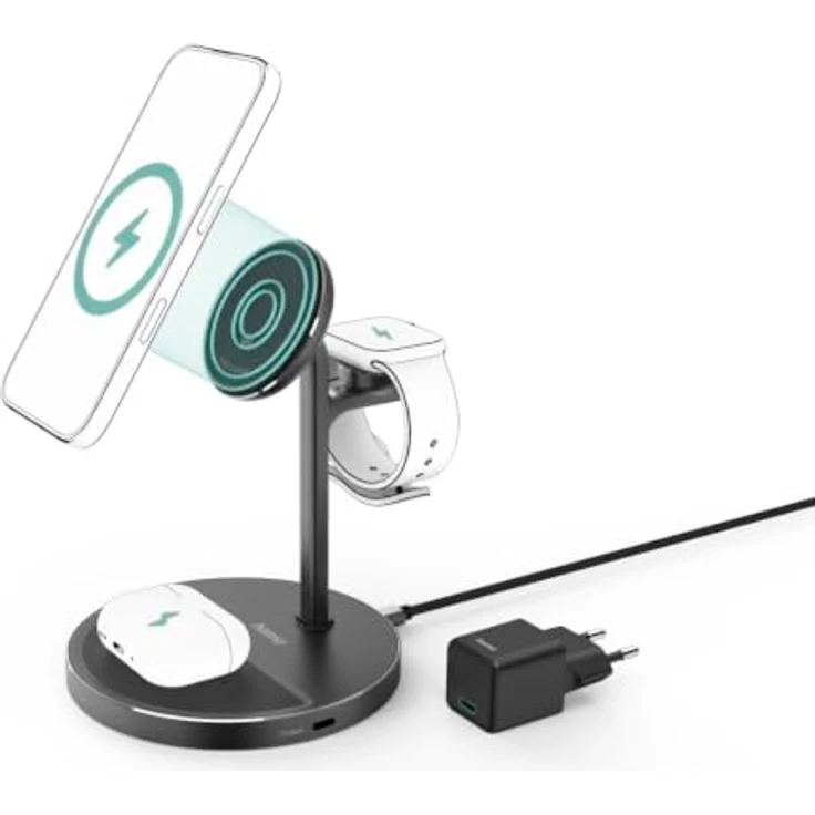 Hama Qi2 3-in-1 magnetisches kabelloses Ladegerät, 15 W für Smartphone, Kopfhörer und Apple Watch, verstellbare Halterung, hochwertiges Aluminiumdesign – Bild 1
