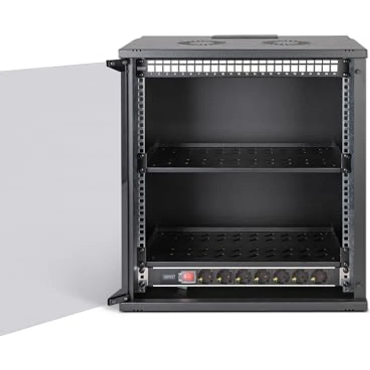 DIGITUS 19 Zoll Netzwerk-Set, 12HE Netzwerkschrank mit 2 Fachböden, 24-Port Patch Panel, 24 Keystone Module, 30 Patchkabel, Steckdosenleiste, unmontiert, SOHO PRO-Serie, Schwarz – Bild 4