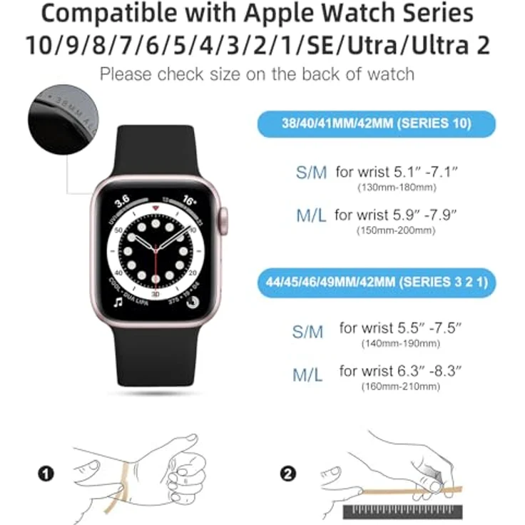 CeMiKa Silikon Sportarmband für Apple Watch, kompatibel mit 38mm-49mm, Hautfreundliches Material, Schwarz – Bild 5