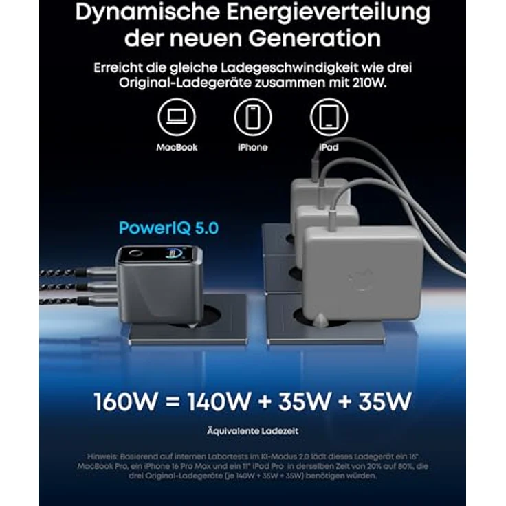 Anker Prime Ladegerät 160W, kompakter GaN USB-C Ladeblock mit 3 Ports, Smart Display und Touch-Steuerung, ultra-schnelles 140W Laden für Laptop, MacBook, iPad, iPhone 17/16/15 Serie – Bild 3