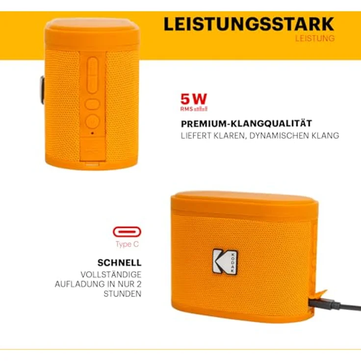 KODAK SOUNDBRIX Tragbarer Bluetooth-Lautsprecher, kabellos, 5 W Sound, 3 Stunden Akkulaufzeit, magnetisches Dock, Anschluss von bis zu 100 Lautsprechern, orange – Bild 5
