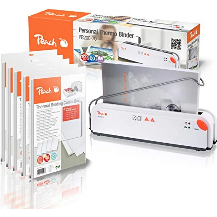 Peach Thermobindegerät DIN-A4 - Testsieger* - schnell startklar - nur 1 min. Bindezeit - einfachstes & schnellstes Bindesystem - inkl. 5x PBT100-14 - 5x 20 verschiedene Thermalbindemappen - PB200-70P