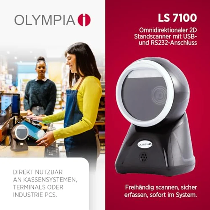 Olympia LS 7100, Omnidirektionaler 2D Standscanner mit automatischem Barcode-Scan, USB & RS232, hochauflösender Sensor für POS, Retail & Lager, robuster Standbetrieb – Bild 2