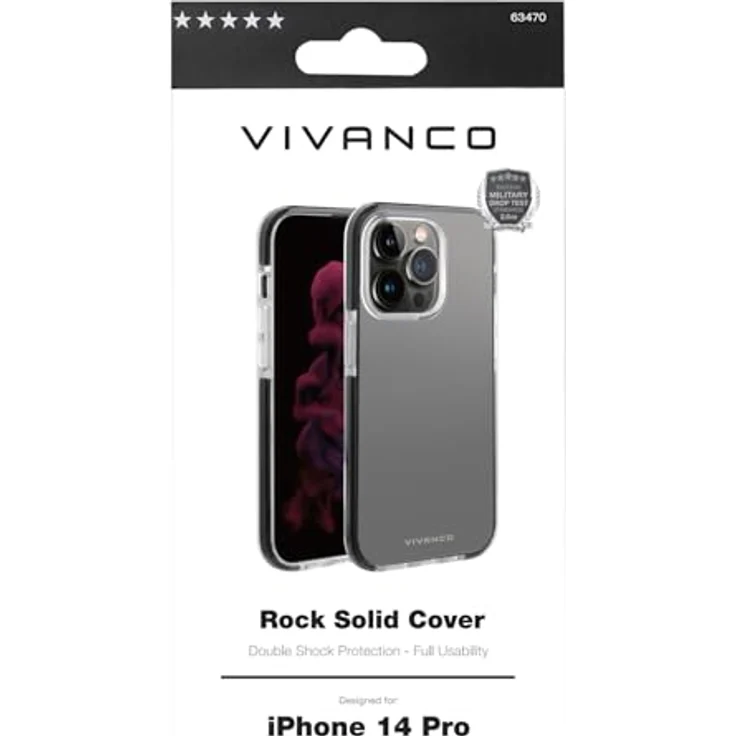 Vivanco Rock Solid Cover für Apple iPhone 14 Pro, Anti Shock Schutzhülle, Schwarz und Transparent – Bild 5