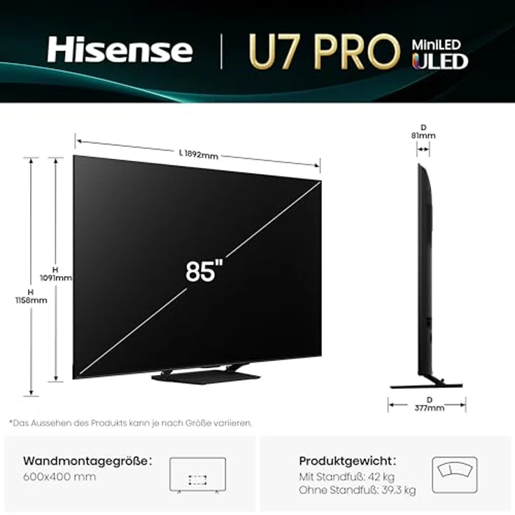 Hisense 85U7Q Pro, 85 Zoll 4K Mini LED Smart TV mit Hi-View AI Engine Pro, 165Hz Game Mode Ultra, FreeSync Premium Pro, Dolby Vision IQ Atmos und 2.1.2 ch Surround Sound [2025] – Bild 2