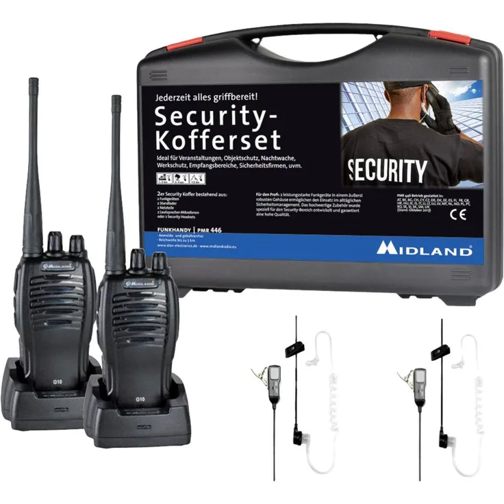 Midland G10 Pro, PMR Funkgerät 2er Set im Sicherheitstransportkoffer, 16 Kanäle, programmierbar