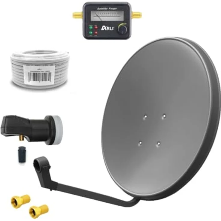 ARLI 60 cm HD Sat Anlage, Single LNB mit 20 m Koaxialkabel 135 dB, Satfinder und 2 F-Steckern, grau, UHD 4K FullHD, 1 Teilnehmer – Bild 1