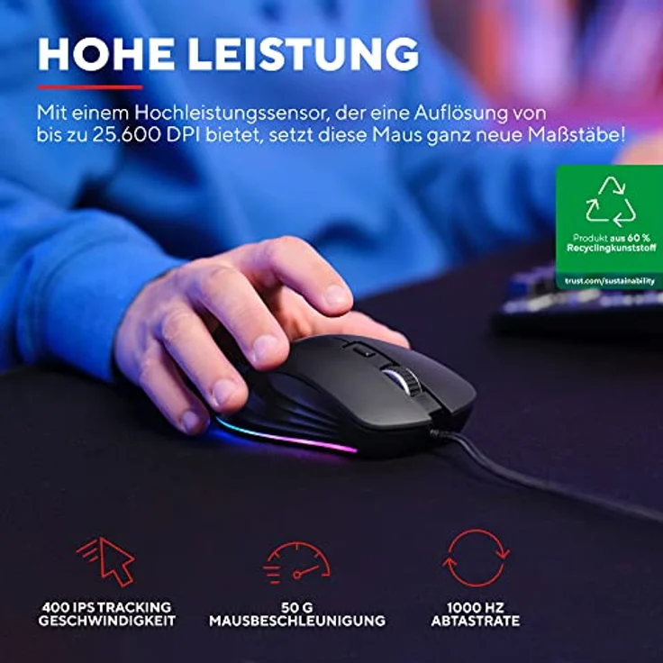 Trust Gaming GXT 924 Ybar+ Kabelgebundene Gaming Maus, 25600 DPI, 60% Recycelten Materialien, 6 Programmierbare Tasten, 25K Optischem Sensor, RGB LED-Beleuchtung, PC Maus mit Software - Schwarz – Bild 2