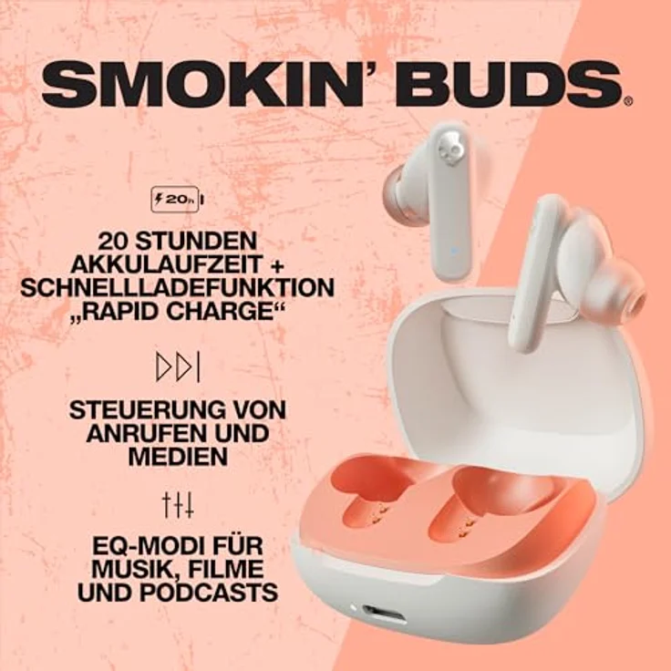 Skullcandy Smokin' Buds In-Ear Wireless-Kopfhörer, 20 Std. Akkulaufzeit, Mikro, Knochen/Orange-Glühen – Bild 2