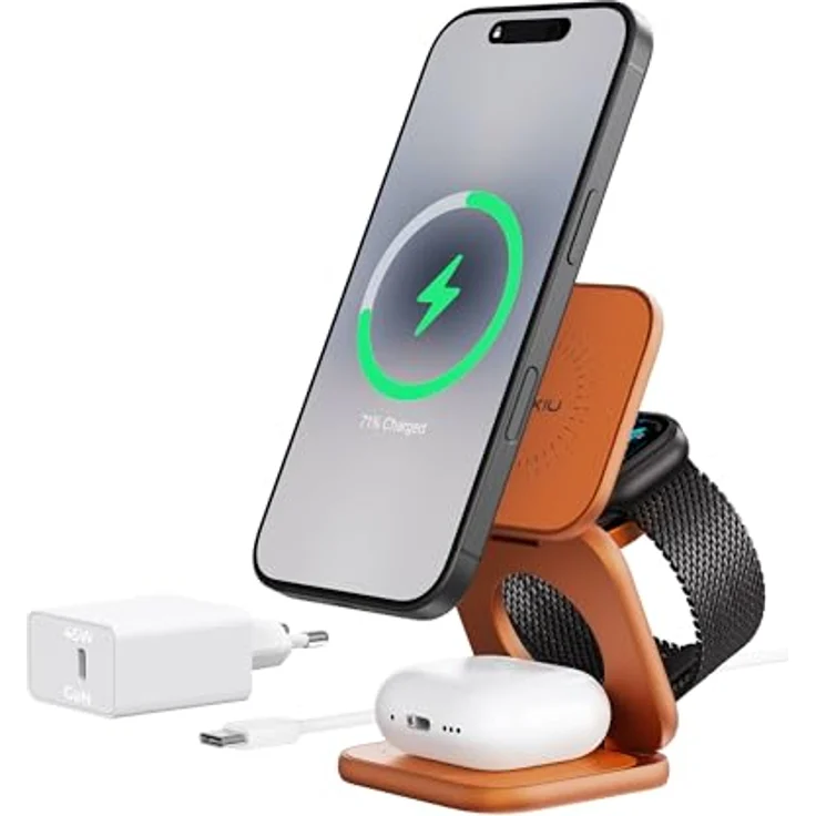 KU XIU X40 Turbo 3-in-1 Ladestation, Qi2.2 25W Schnellladung für iPhone 17/16/15/14/13/12, 5W für Apple Watch, faltbares Aluminium-Design, 45W GaN Adapter – Bild 1