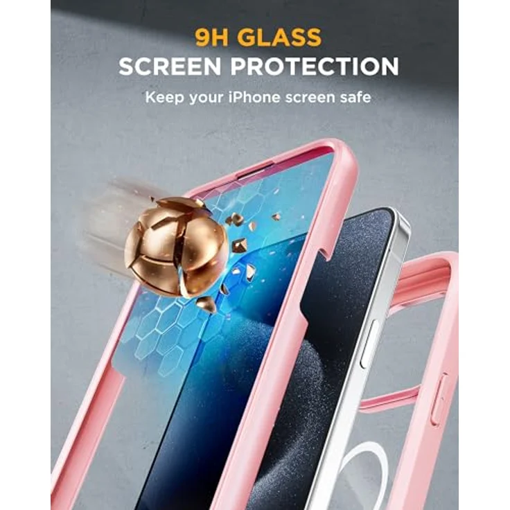 miracase Vollschutzhülle für iPhone 15 Pro, Magsafe, 360° Ganzkörperschutz, 9H-Displayschutz, Rosa – Bild 3