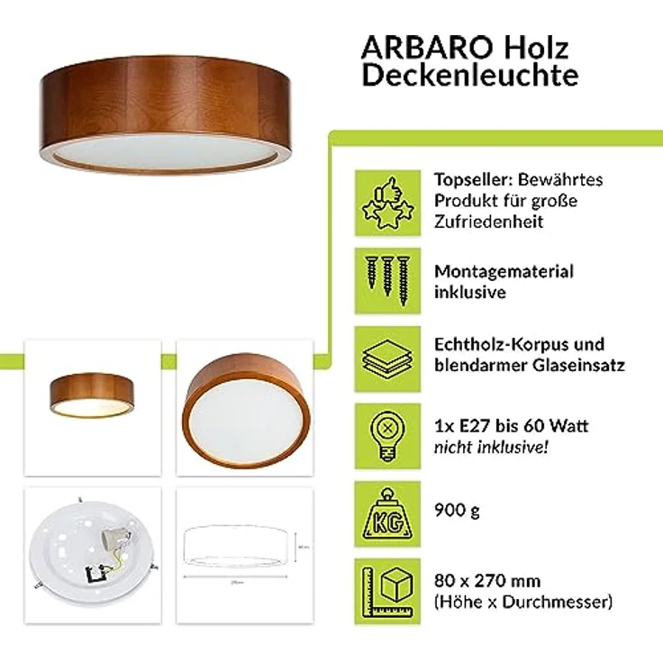 Licht-Erlebnisse Deckenleuchte ARBARO Glas Holz rustikal Ø27 cm E27 flach rund Modern blendarm Wohnzimmer – Bild 2