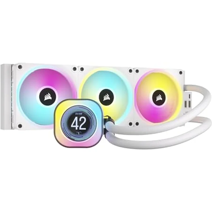 CORSAIR iCUE LINK H150i LCD-Flüssig-CPU-Kühler - 360mm AIO - QX120 RGB-Lüfter - 2,1" IPS-LCD-Bildschirm - Passend Für Intel LGA 1700, AMD AM5 - iCUE LINK System Hub im Lieferumfang Enthalten - Weiß – Bild 1