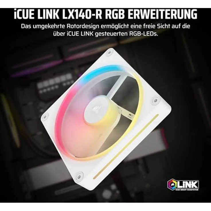 Corsair iCUE LINK LX140-R RGB 140mm PWM-Umkehrlüfter – Geräuscharm, Magnetische Kuppellagerung, Zwei Lichtschleifen, QuikTurn™-Schrauben – Weiß – Bild 2