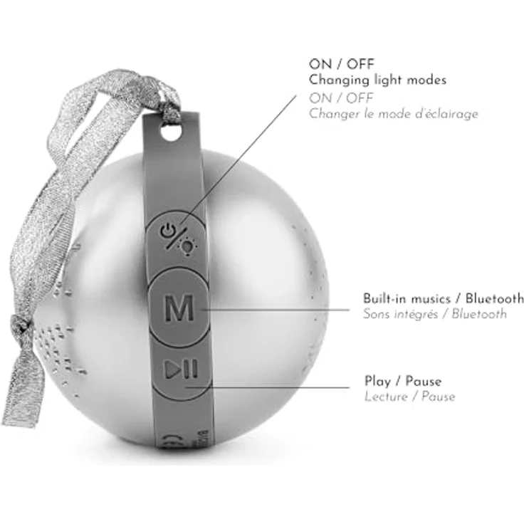Bigben EPOK Leuchtende Weihnachtskugel, Bluetooth portabler Lautsprecher mit Lichteffekten, silber – Bild 5
