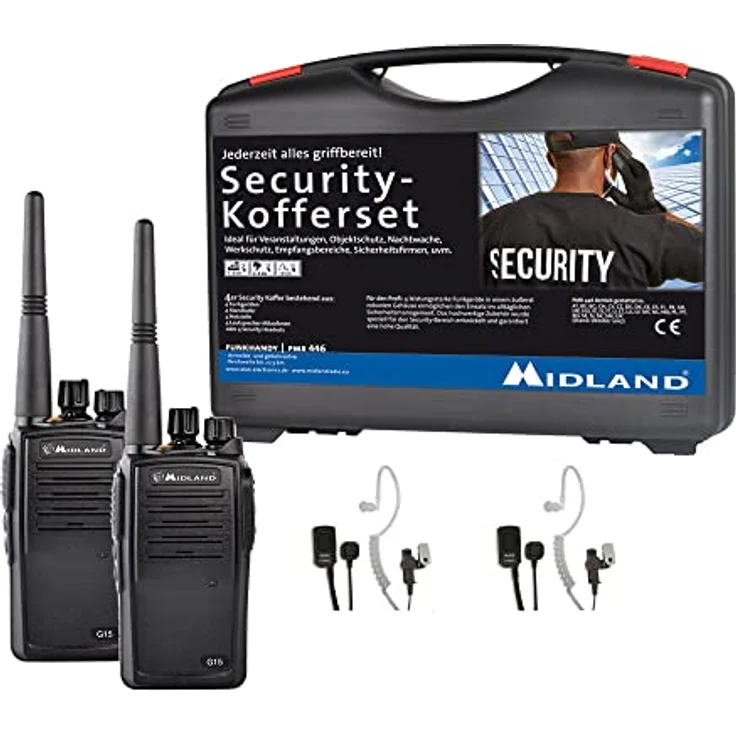 Midland G15 Pro 2er Security-Kofferset, PMR446-Funkgeräte mit 1600mAh Akkupack und MA 31-M Headsets, schwarz – Bild 2