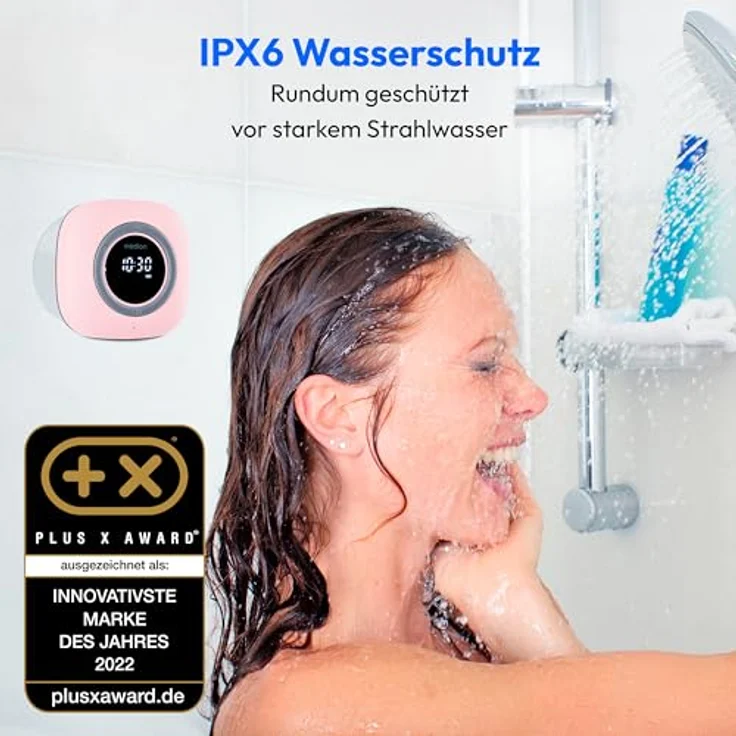 MEDION P66096 Duschradio mit Bluetooth (Badradio, UKW Radio, Saugnapf, LED-Display, IPX6 Wasserdicht, integrierter Akku, MD43884) pink – Bild 2