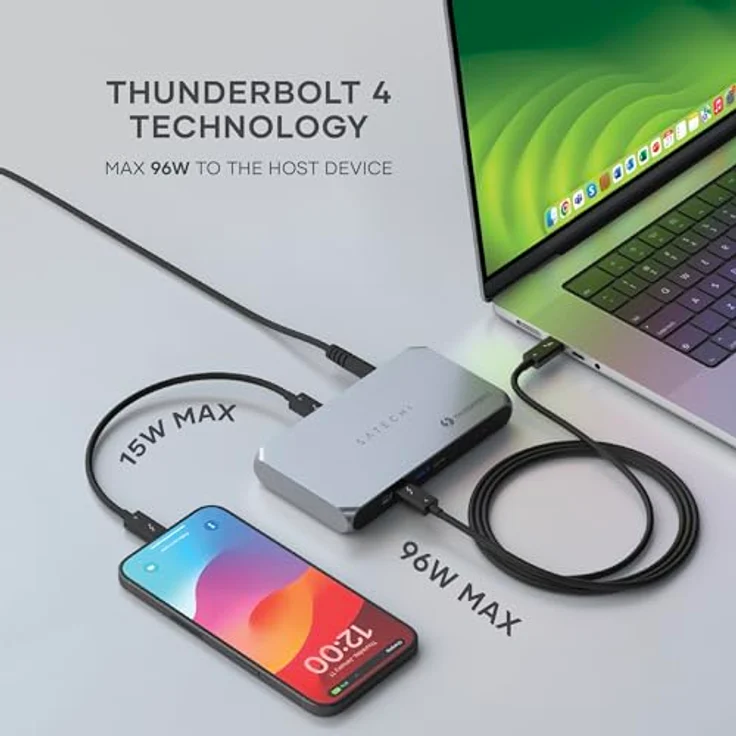 SATECHI Thunderbolt 4 Hub Slim Pro, USB C 96W Aufladung, 8K- oder Dual 4K-Display, 4 Thunderbolt 4-Anschlüsse, USB 3.2 Gen2 - Silber – Bild 4