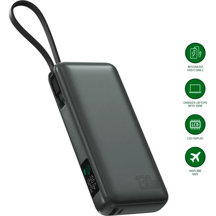 4Smarts Powerbank Enterprise 20000Mah 130W mit integriertem Usb-C Kabel grau/raumgrau - Schnelles Laden für Laptops, Tablets und Smartphones